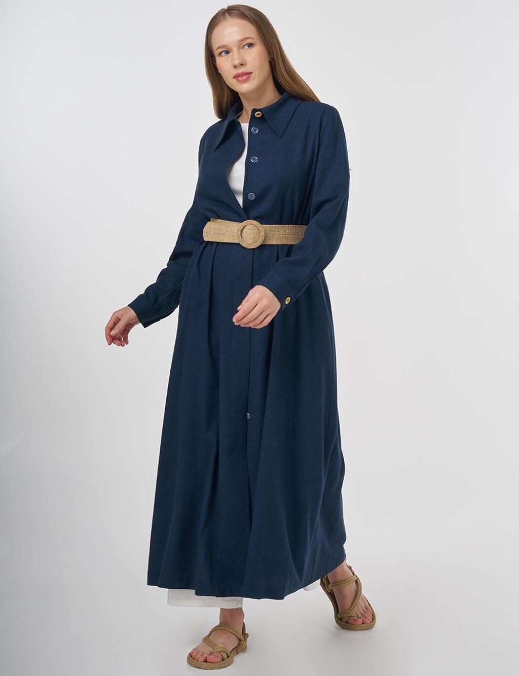 Linen Blend Overcoat with Straw Belt Detail Dark Navy 