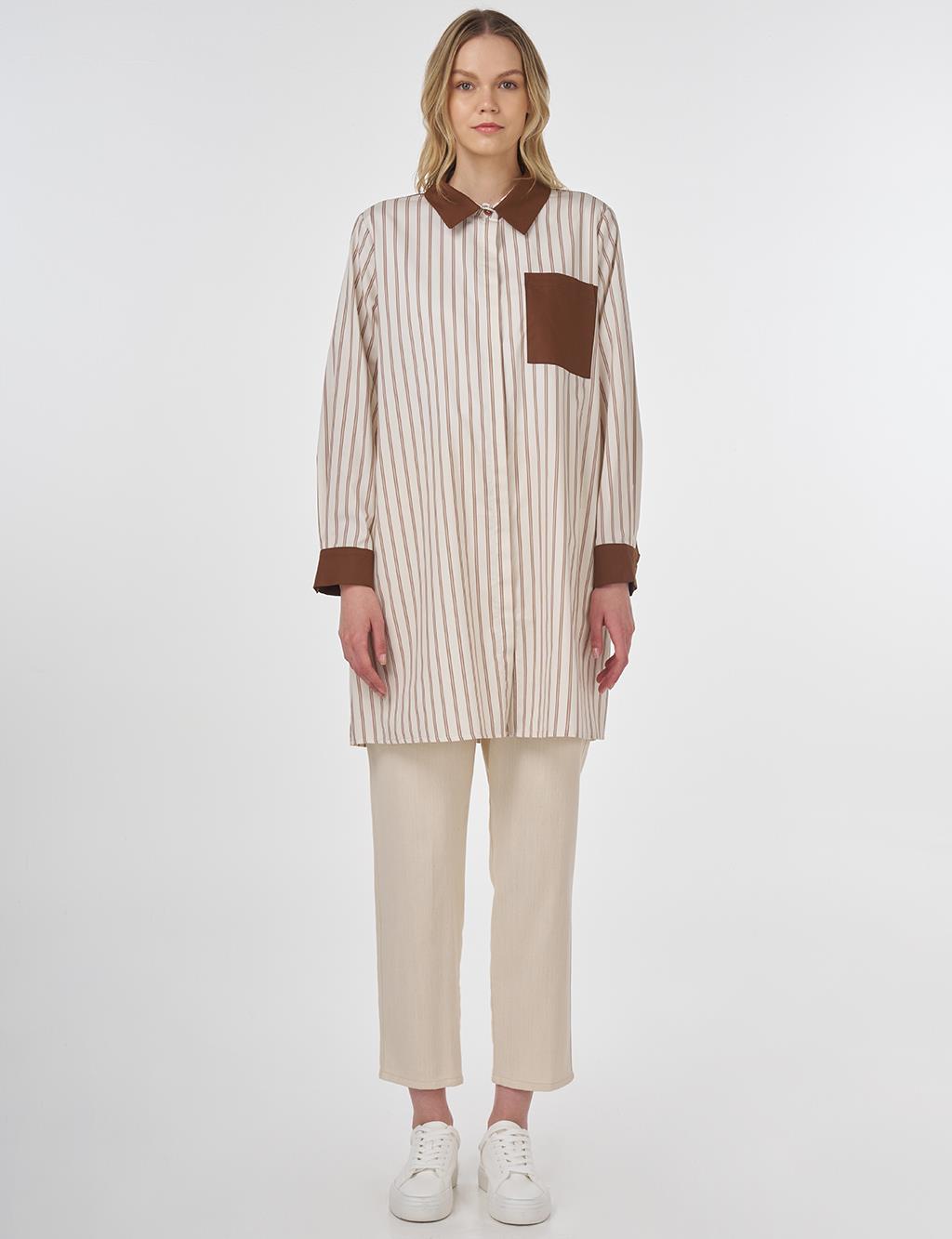 Striped Pattern Cotton Tunic Brown