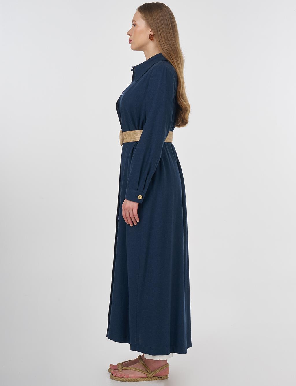 Linen Blend Overcoat with Straw Belt Detail Dark Navy 