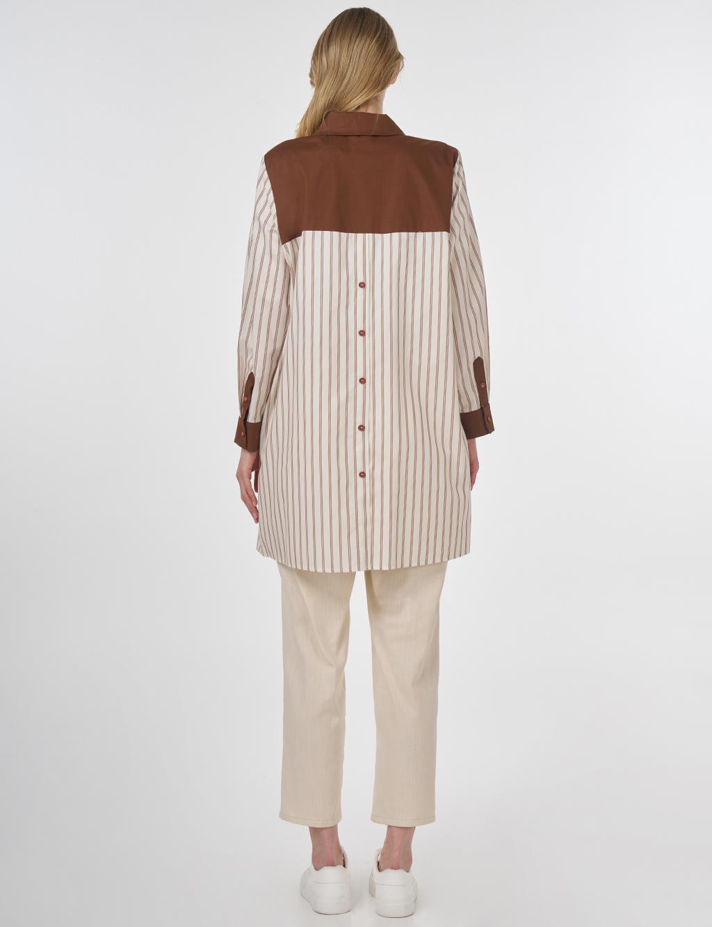 Striped Pattern Cotton Tunic Brown