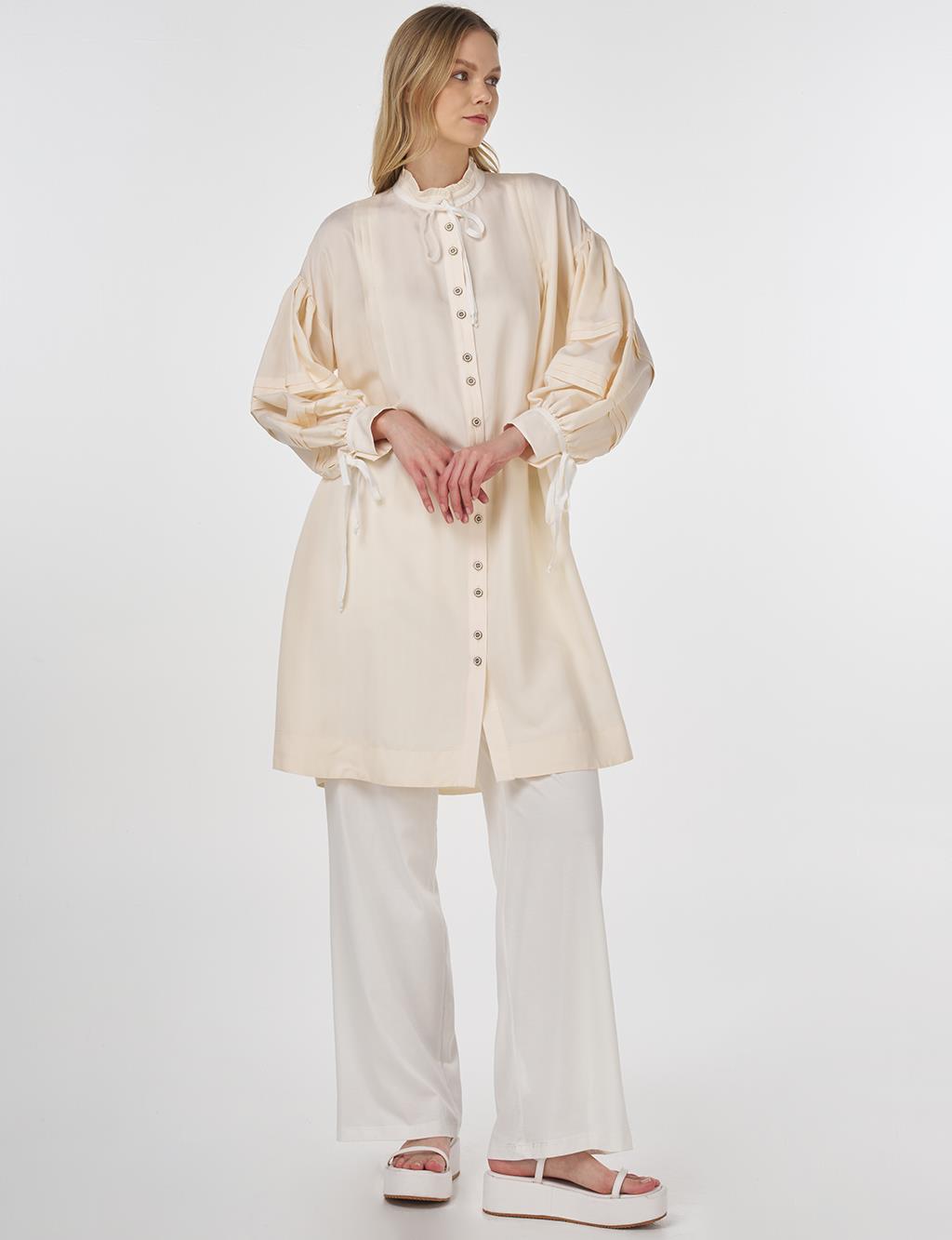 Pintuck-Stitched Tunic with Ruffled Collar Ecru 