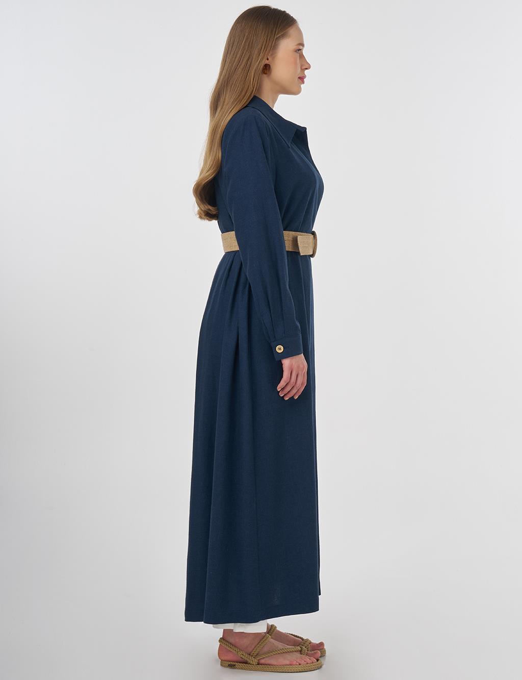 Linen Blend Overcoat with Straw Belt Detail Dark Navy 