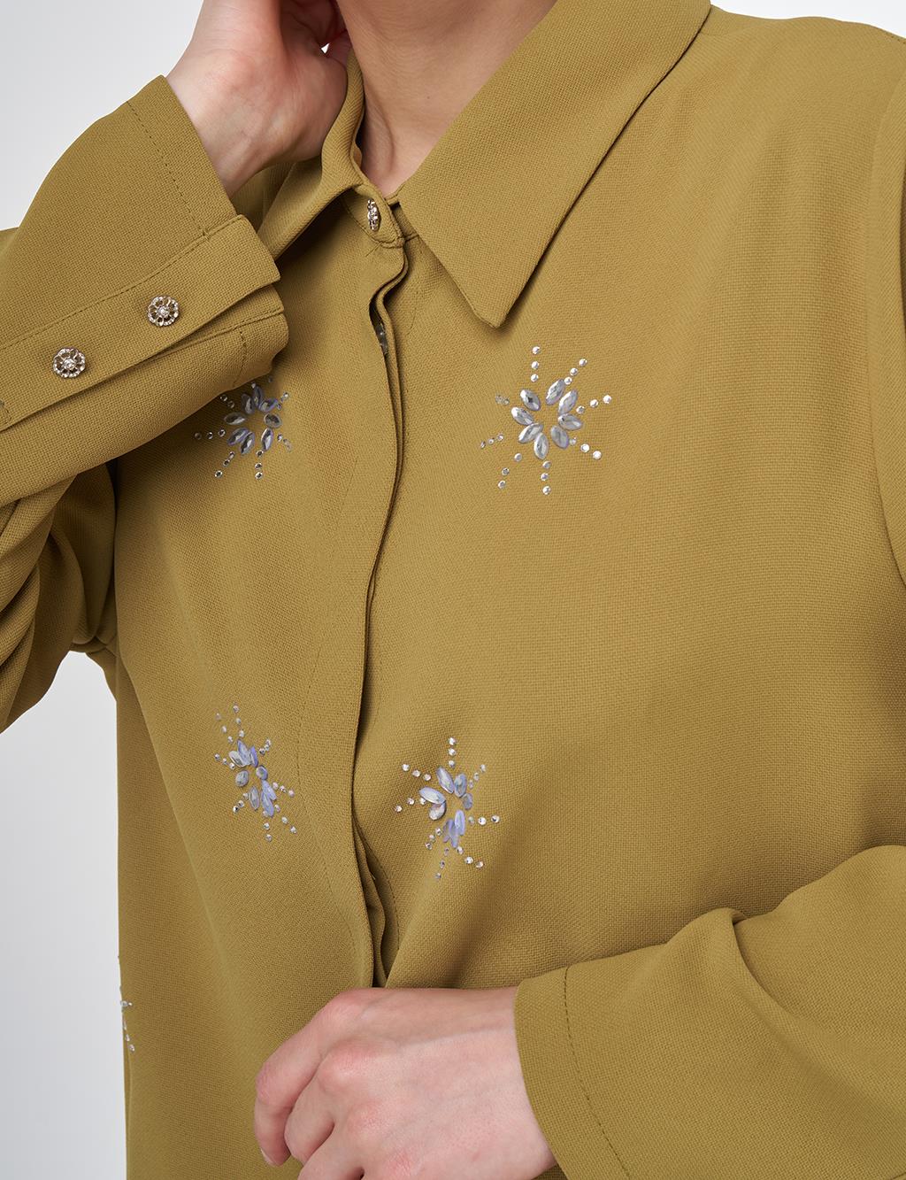 Stone-Embellished Crepe Tunic Khaki