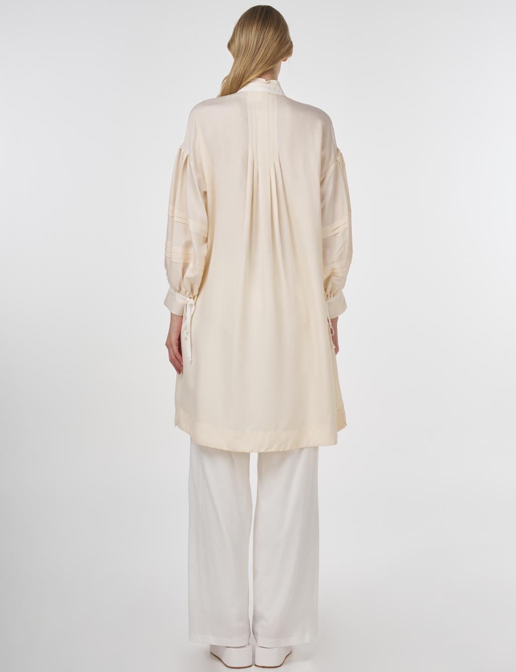 Pintuck-Stitched Tunic with Ruffled Collar Ecru 
