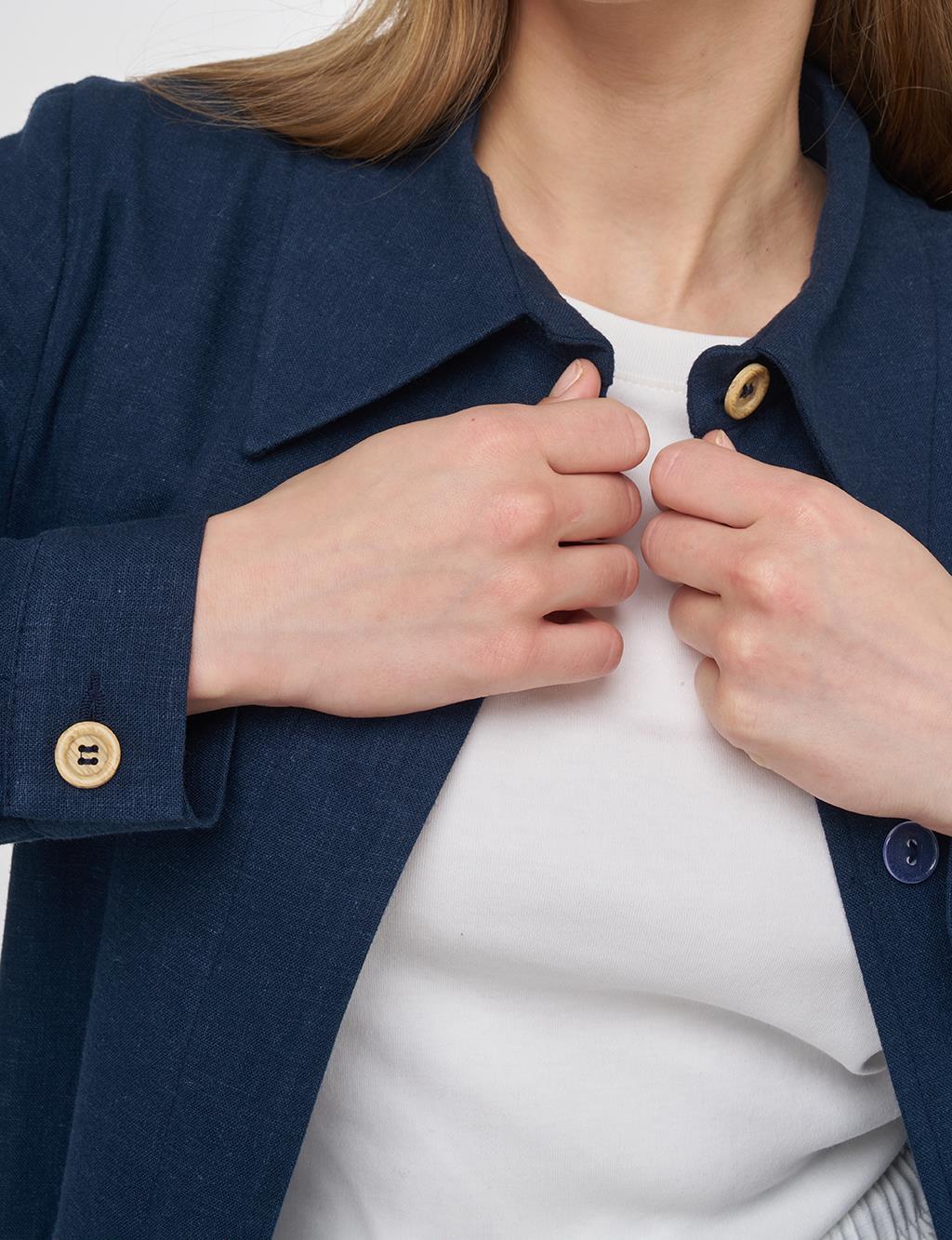 Linen Blend Overcoat with Straw Belt Detail Dark Navy 