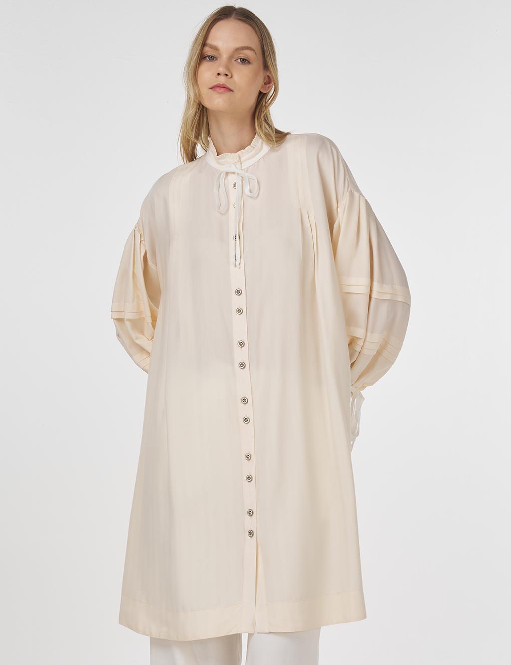 Pintuck-Stitched Tunic with Ruffled Collar Ecru 