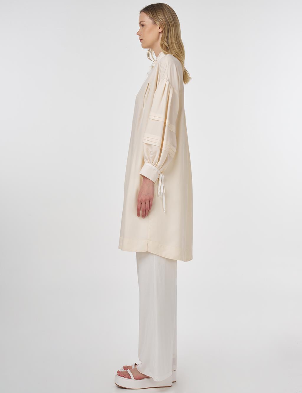 Pintuck-Stitched Tunic with Ruffled Collar Ecru 