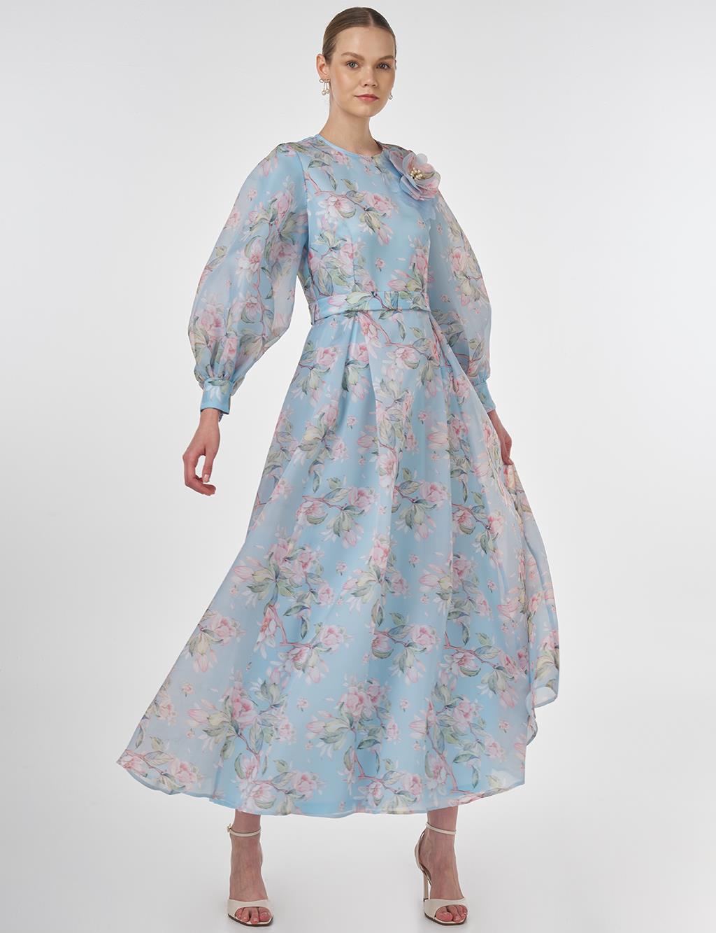 Floral Patterned Balloon Sleeve Dress Blue