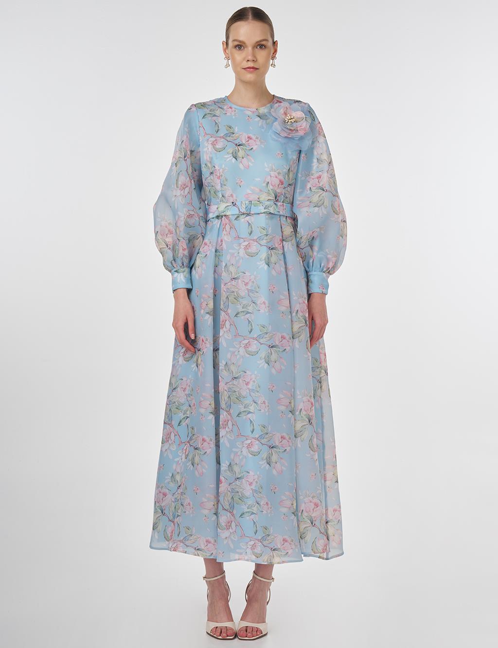 Floral Patterned Balloon Sleeve Dress Blue