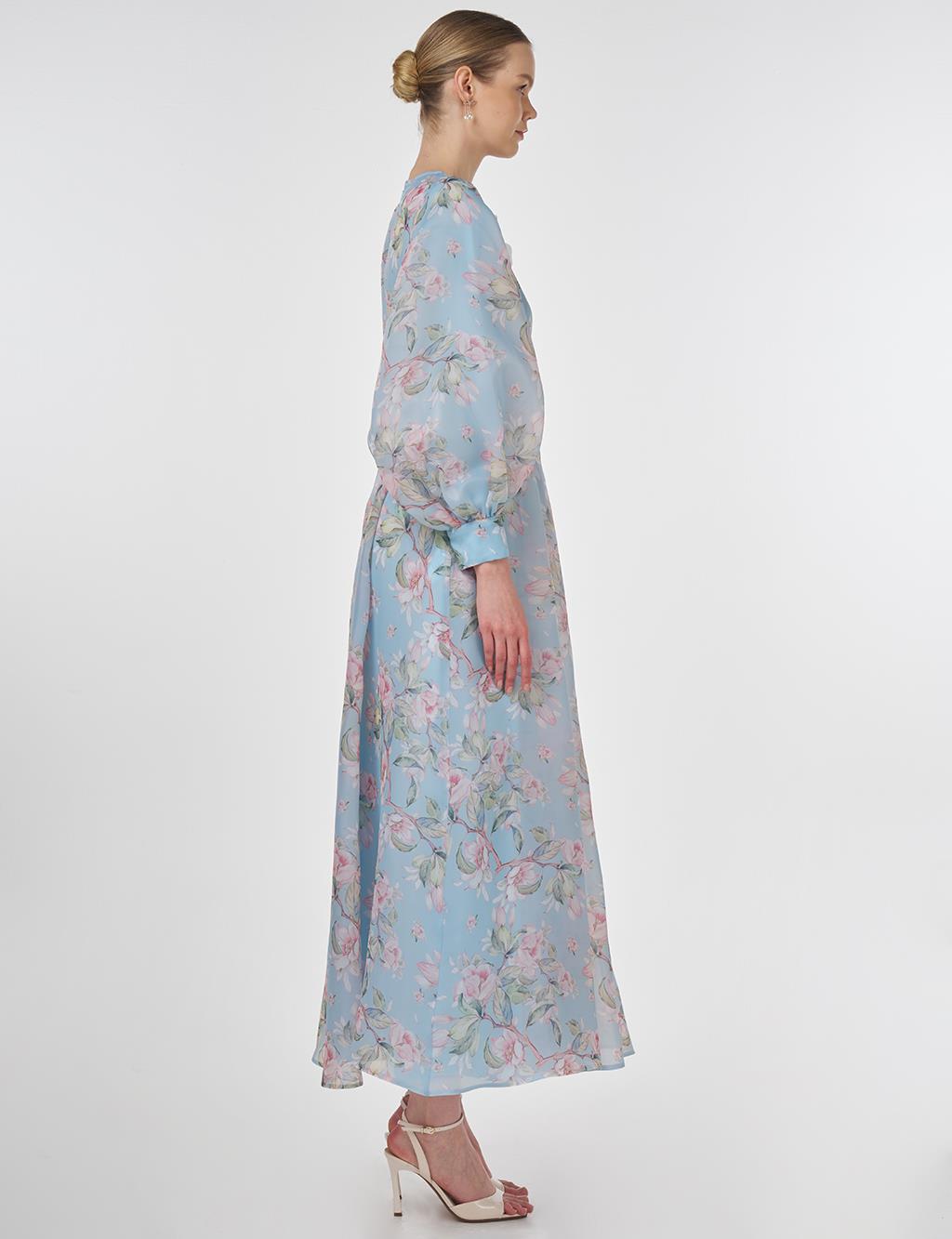 Floral Patterned Balloon Sleeve Dress Blue