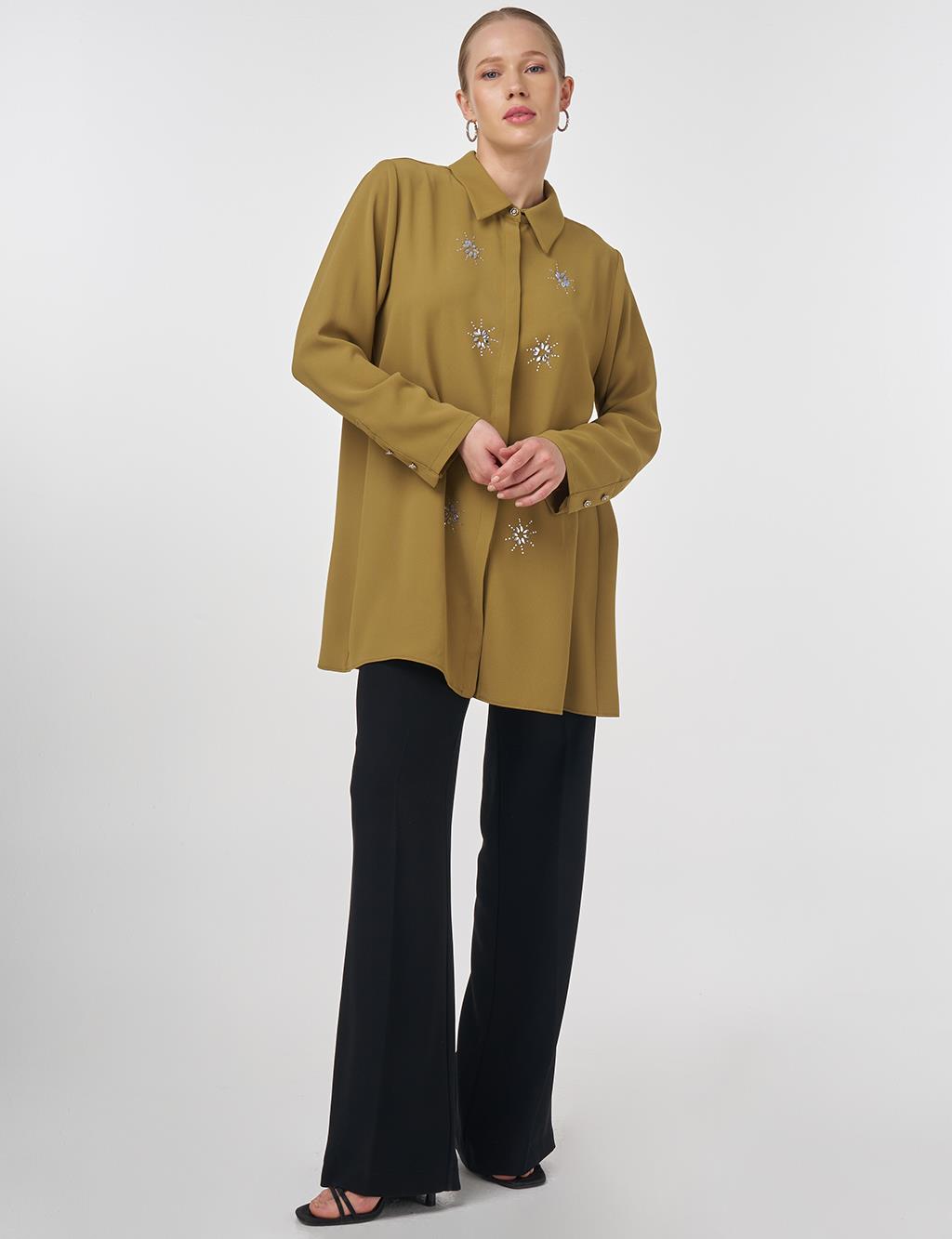 Stone-Embellished Crepe Tunic Khaki