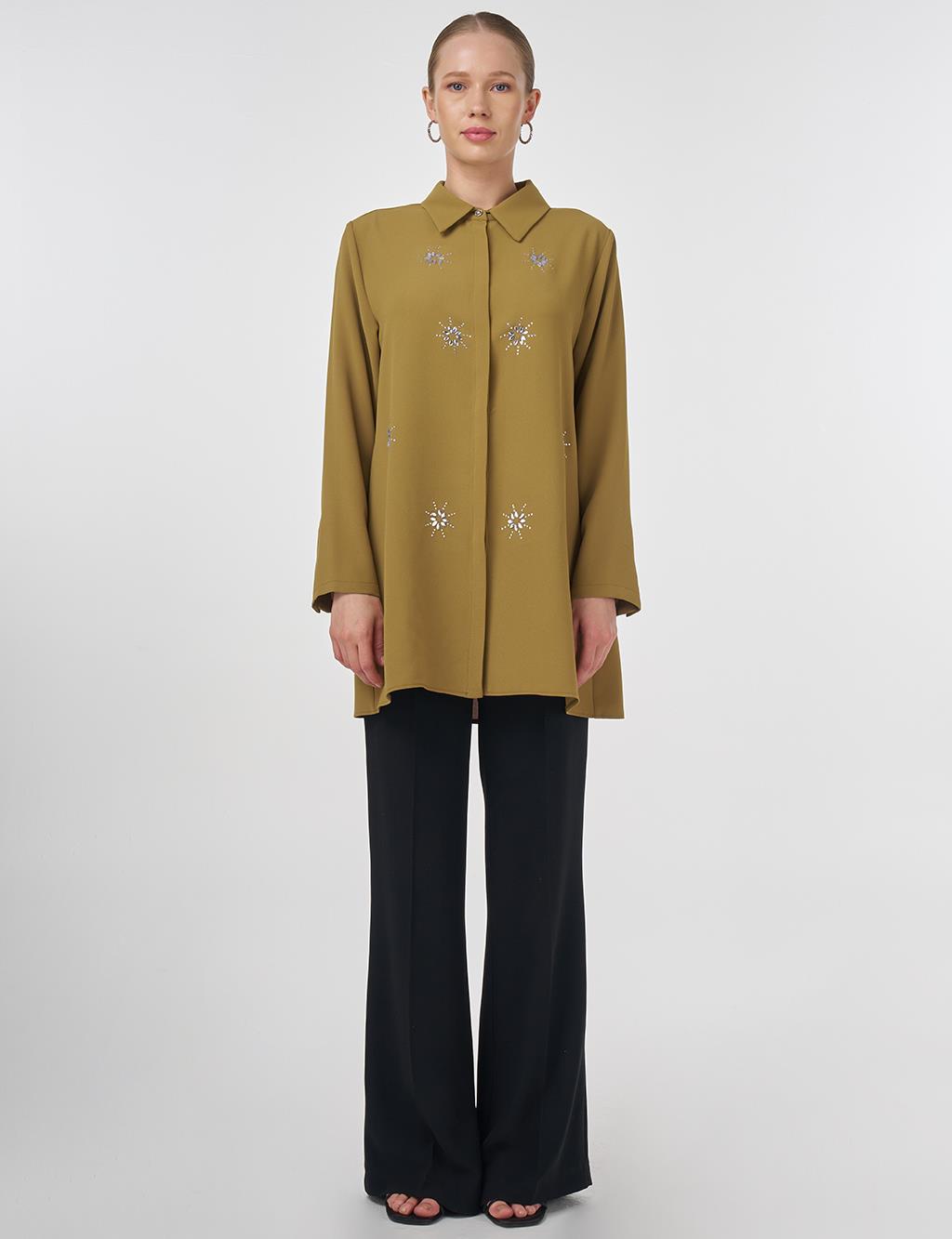 Stone-Embellished Crepe Tunic Khaki