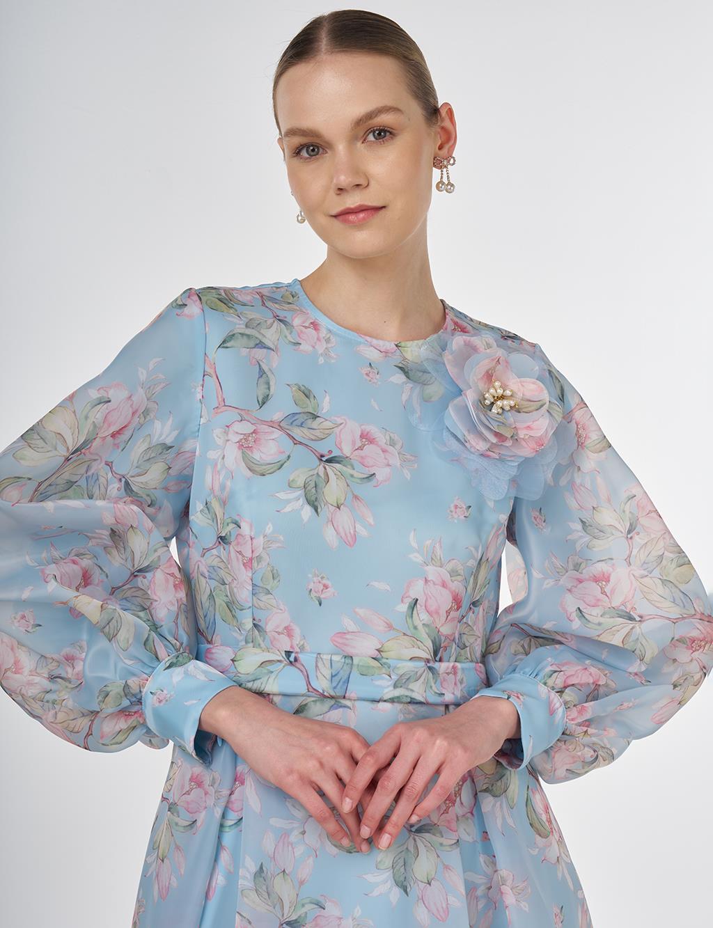 Floral Patterned Balloon Sleeve Dress Blue
