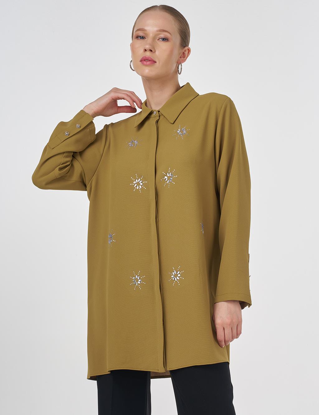Stone-Embellished Crepe Tunic Khaki