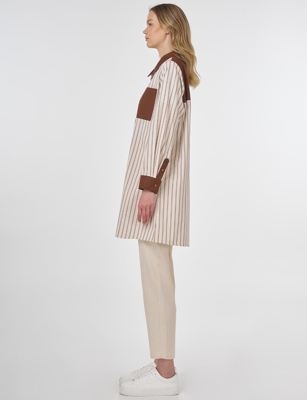 Striped Pattern Cotton Tunic Brown