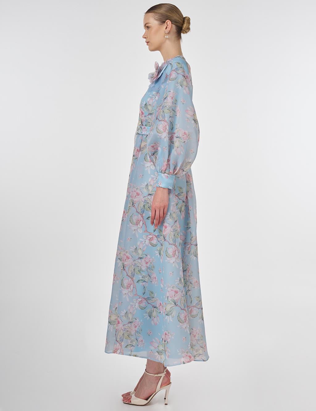 Floral Patterned Balloon Sleeve Dress Blue