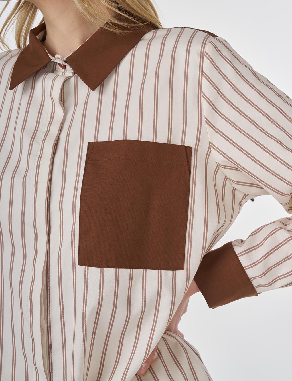 Striped Pattern Cotton Tunic Brown