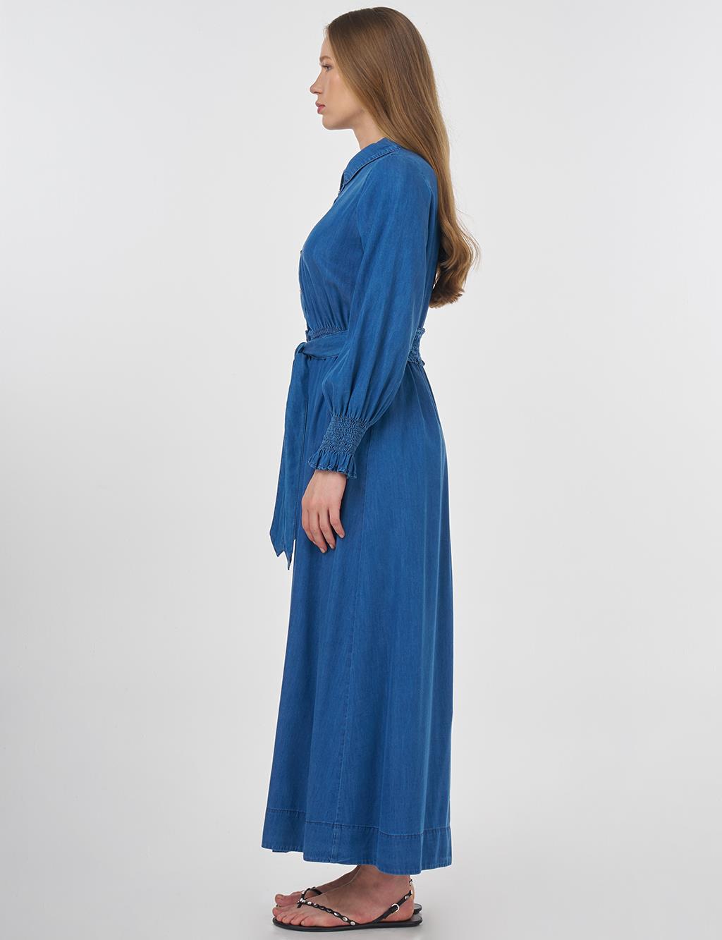 Lyocell Dress with Shirred Cuffs Indigo 