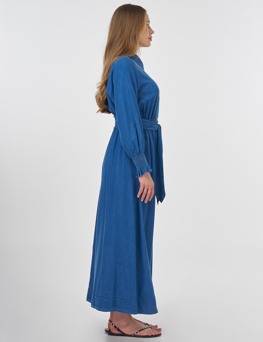 Lyocell Dress with Shirred Cuffs Indigo 