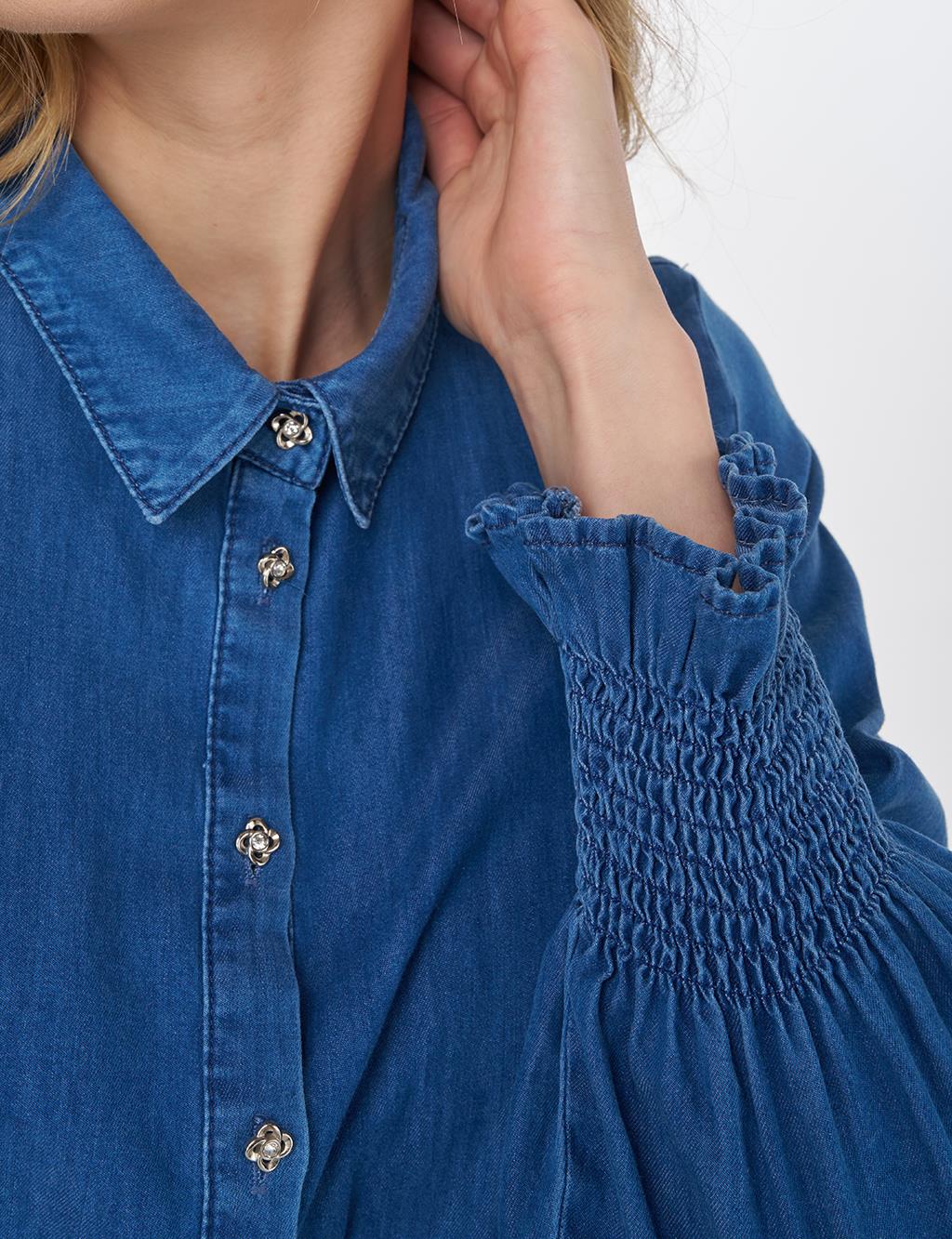 Lyocell Dress with Shirred Cuffs Indigo 