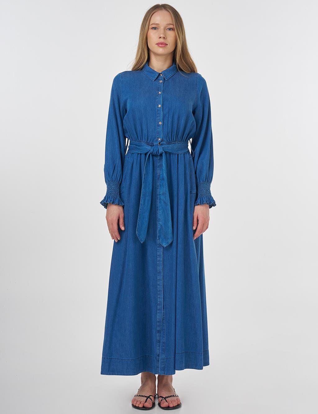 Lyocell Dress with Shirred Cuffs Indigo 