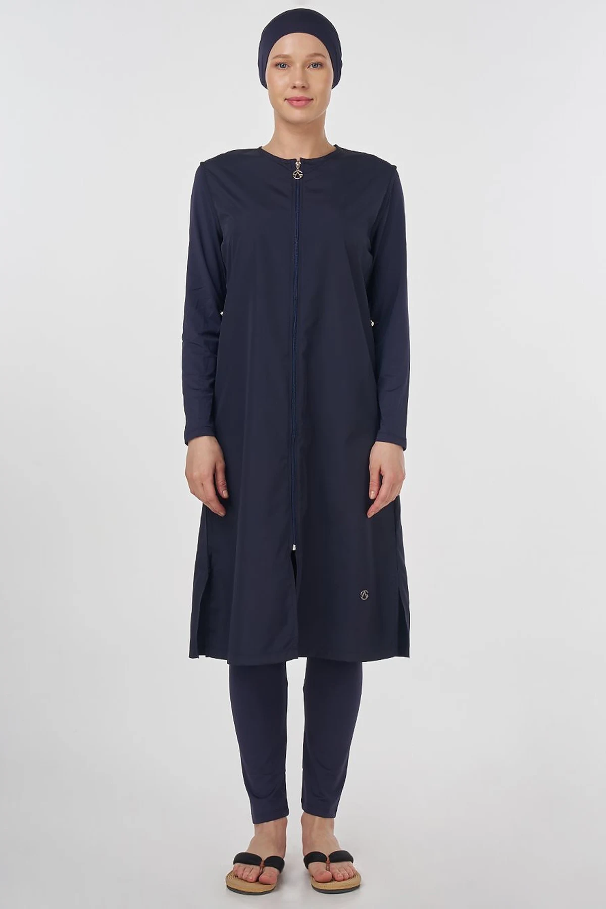 Drawstring Waist Modest Swimsuit Navy