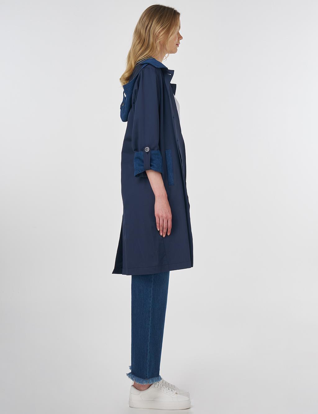 Hooded Shawl Collar Trench Coat Navy Blue