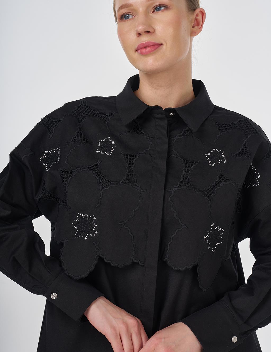 Embroidered Appliqué Cotton Tunic Black
