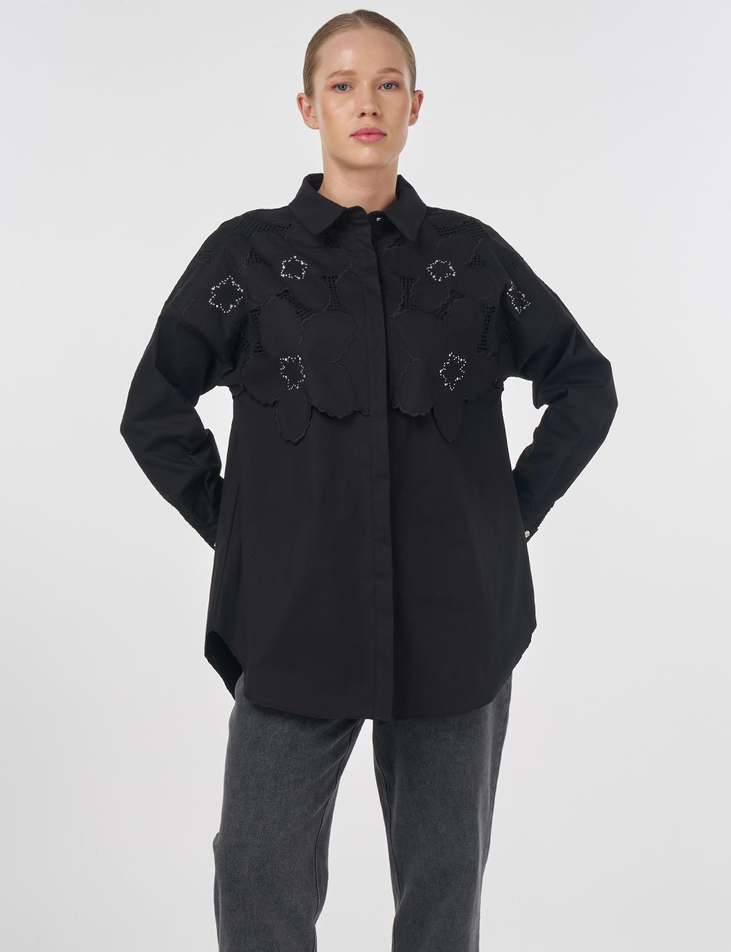 Embroidered Appliqué Cotton Tunic Black