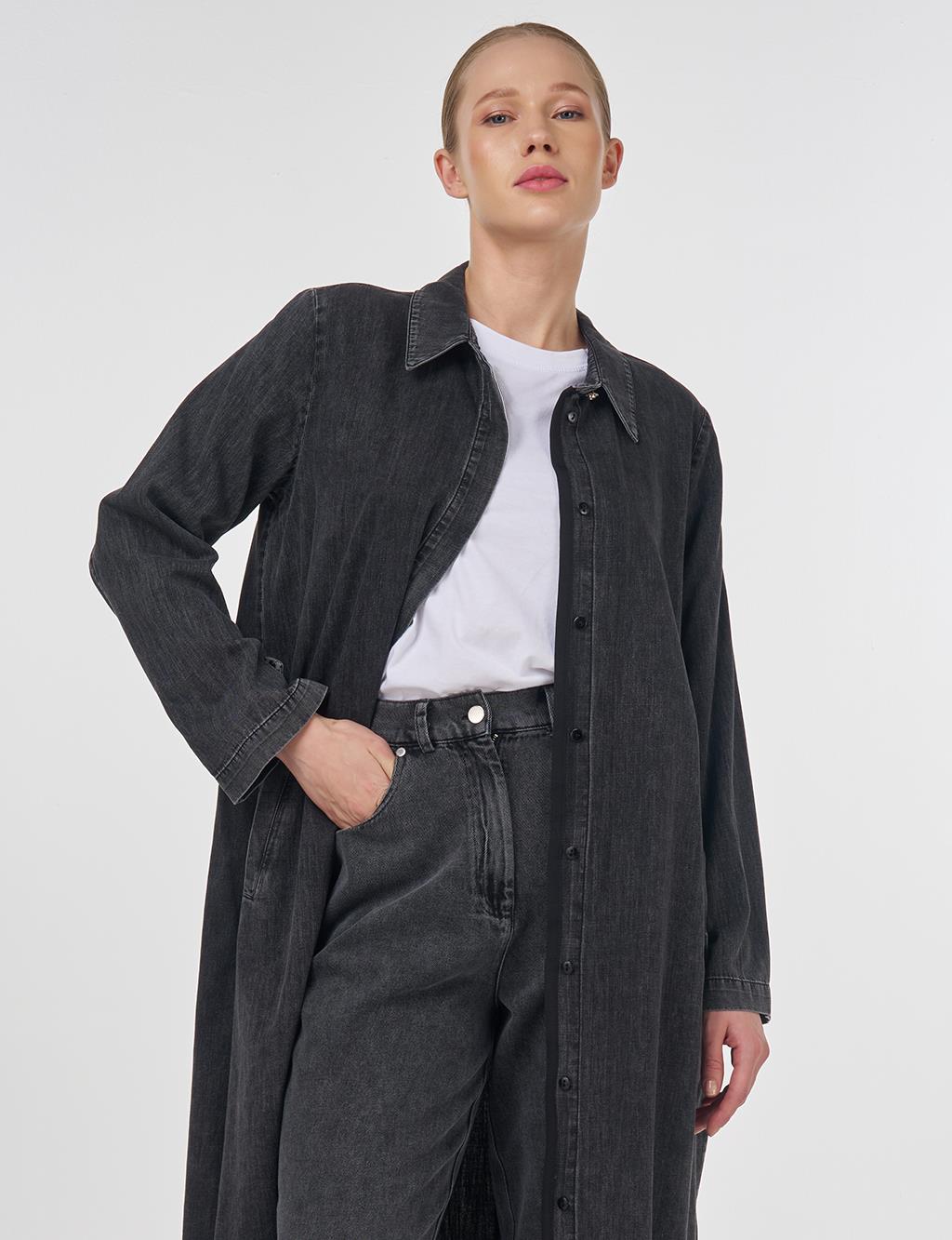 Long Cotton Tunic with Hidden Placket Anthracite 