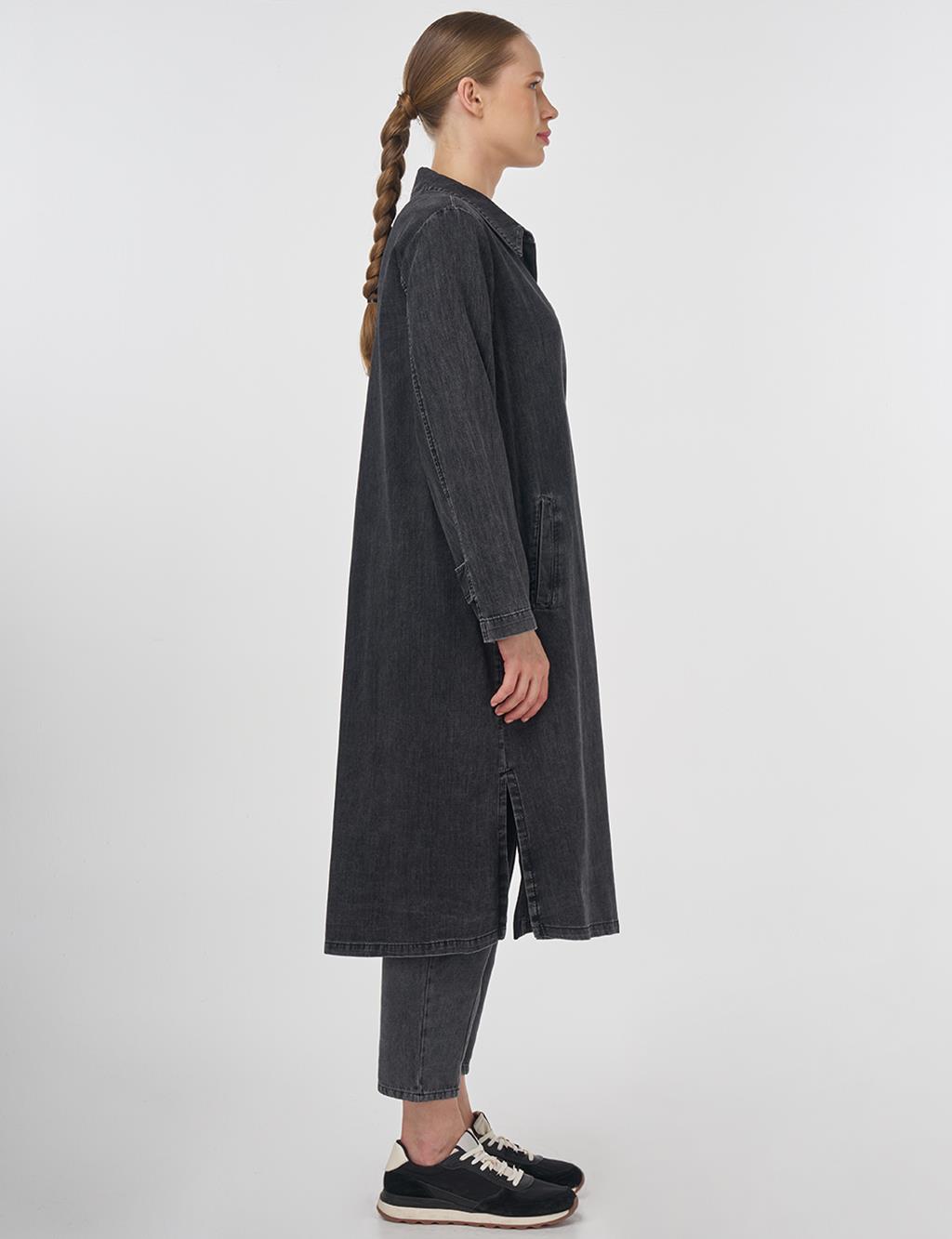 Long Cotton Tunic with Hidden Placket Anthracite 