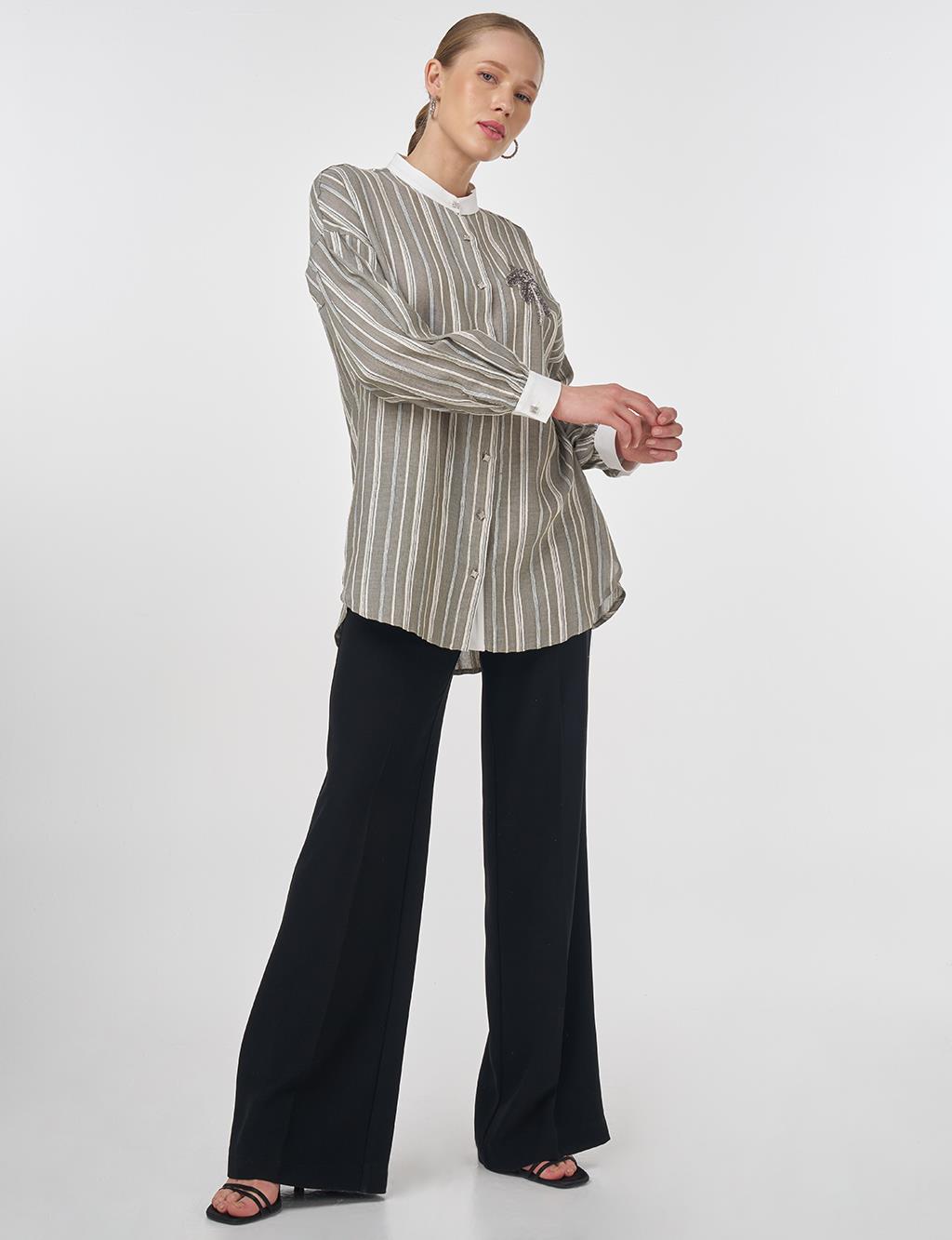 Mandarin Collar Embroidered Tunic Khaki
