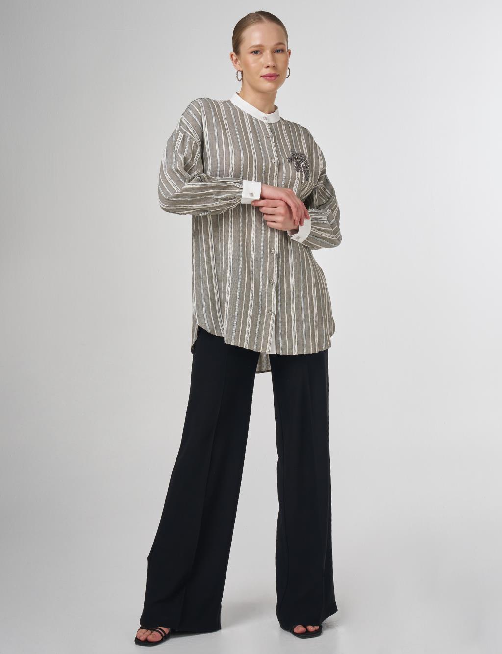 Mandarin Collar Embroidered Tunic Khaki