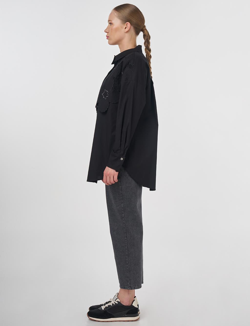 Embroidered Appliqué Cotton Tunic Black