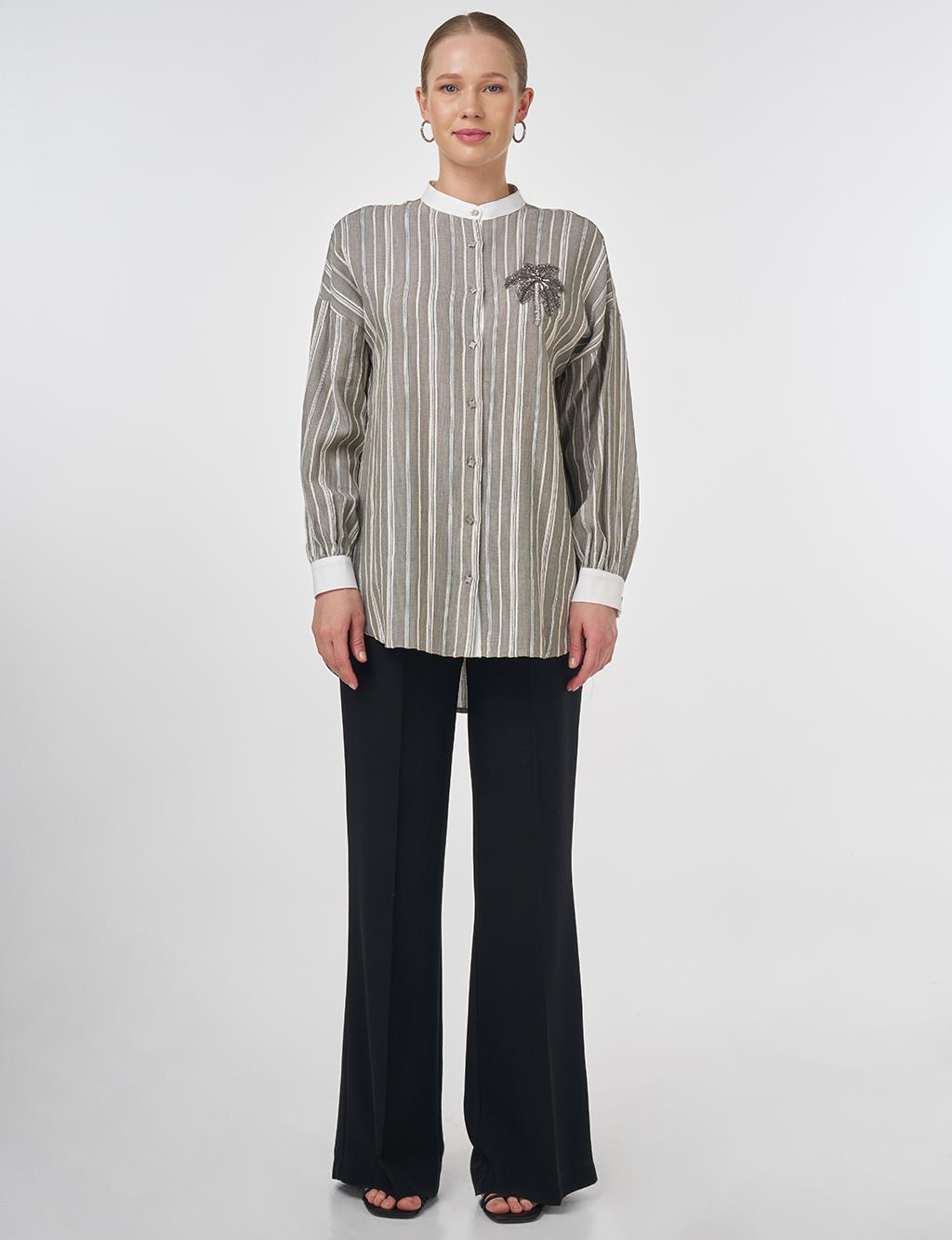 Mandarin Collar Embroidered Tunic Khaki