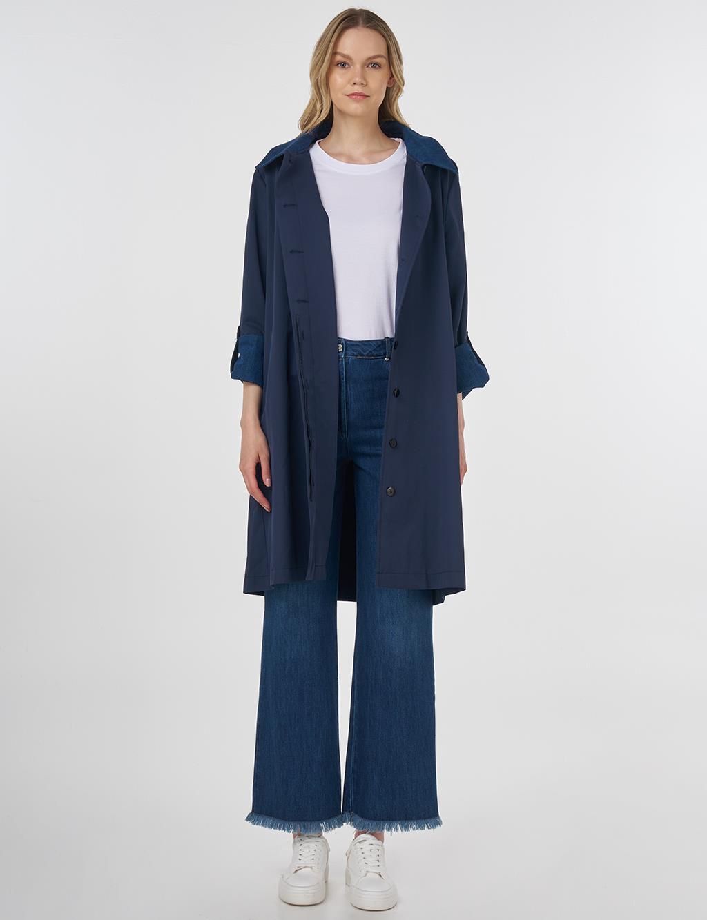 Hooded Shawl Collar Trench Coat Navy Blue