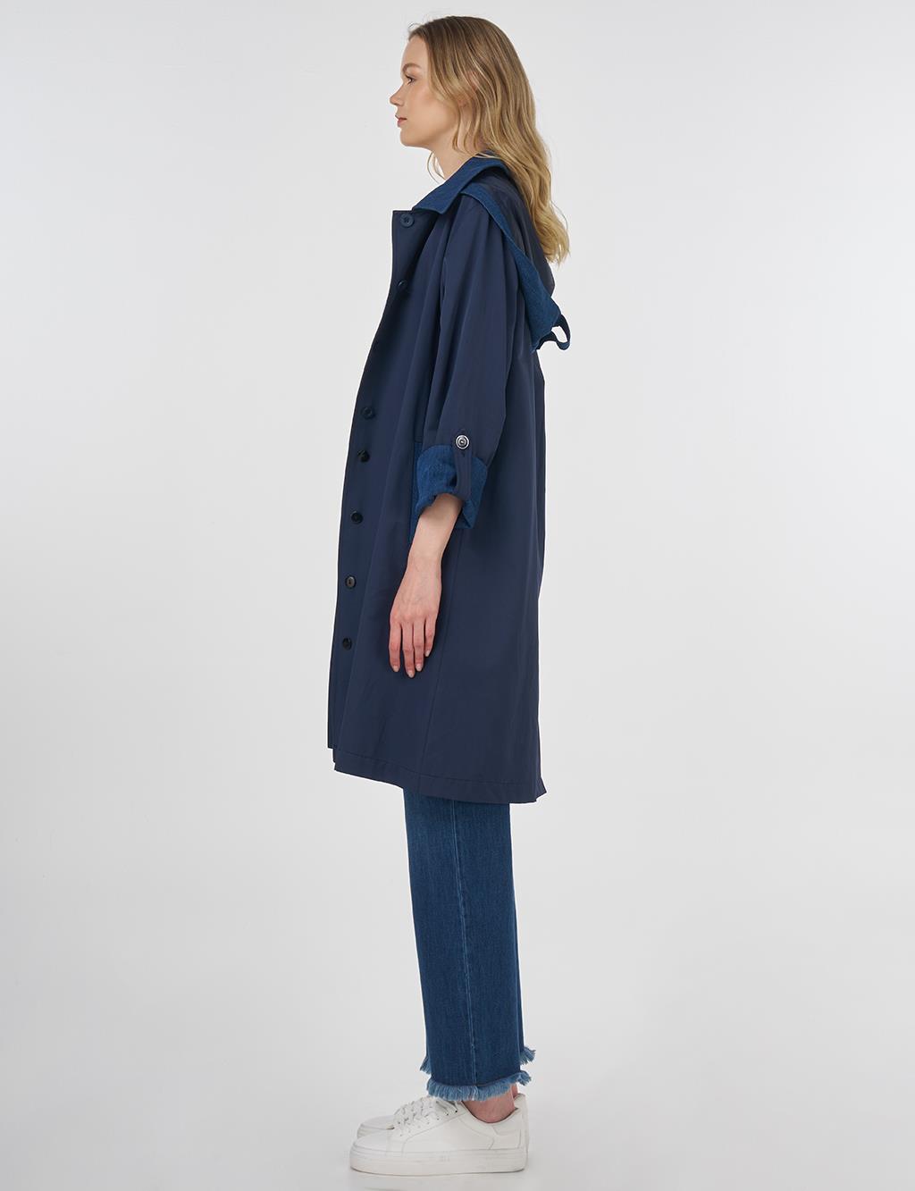 Hooded Shawl Collar Trench Coat Navy Blue