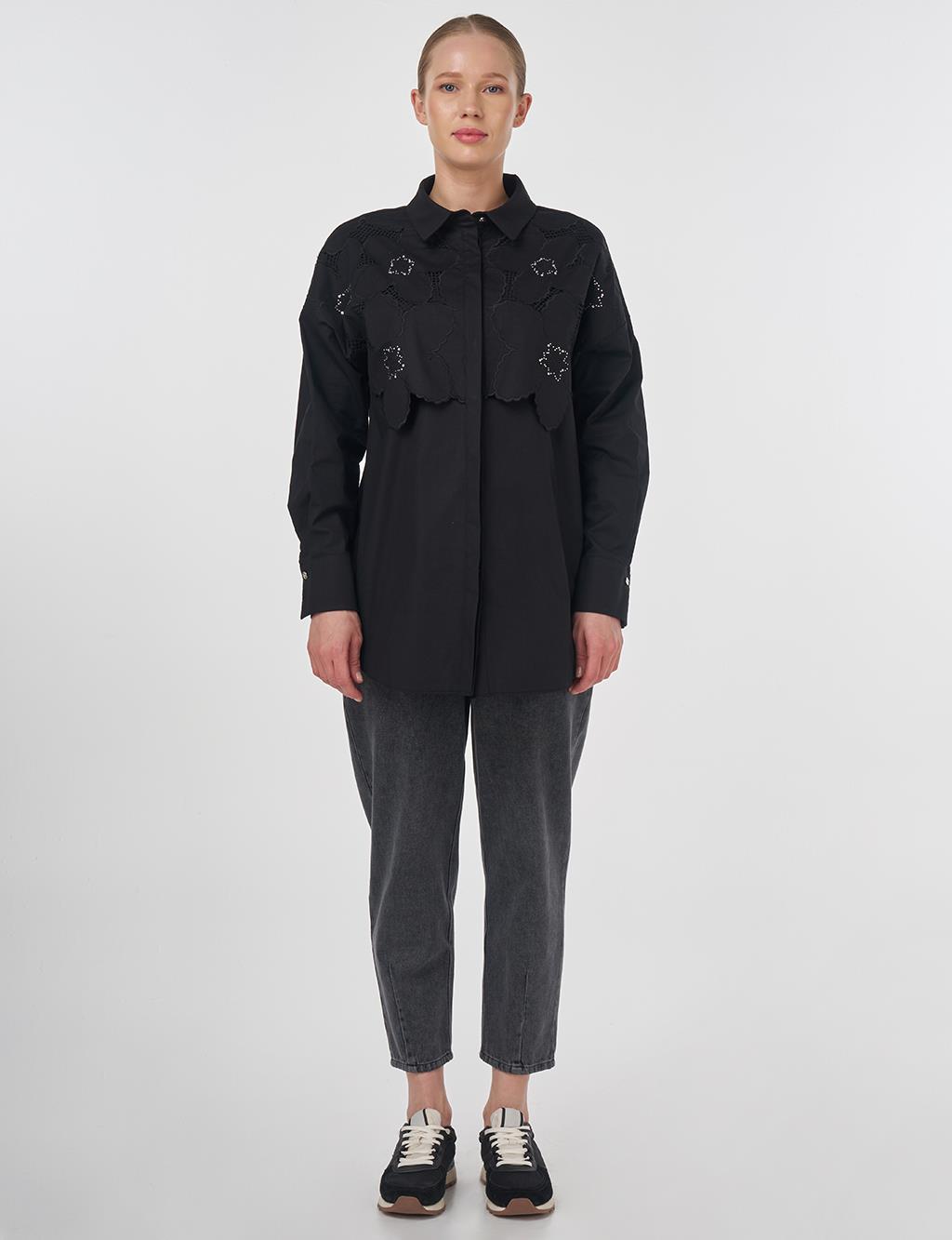 Embroidered Appliqué Cotton Tunic Black