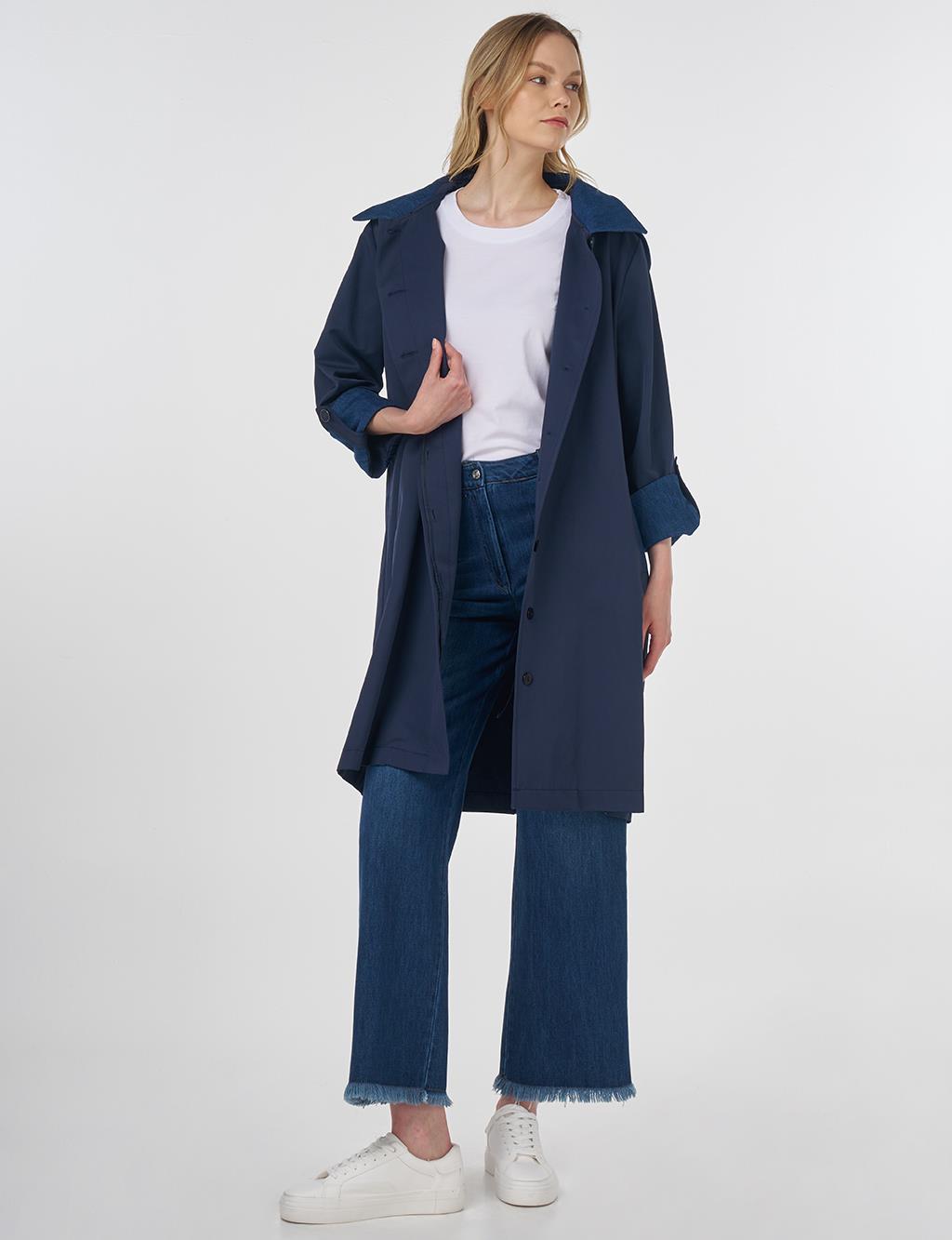 Hooded Shawl Collar Trench Coat Navy Blue