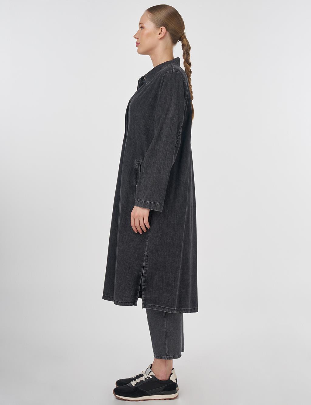 Long Cotton Tunic with Hidden Placket Anthracite 