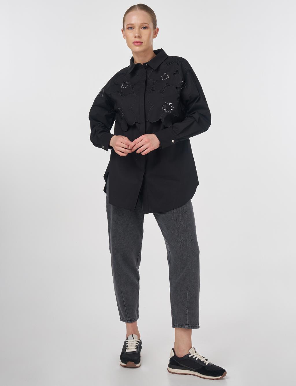 Embroidered Appliqué Cotton Tunic Black