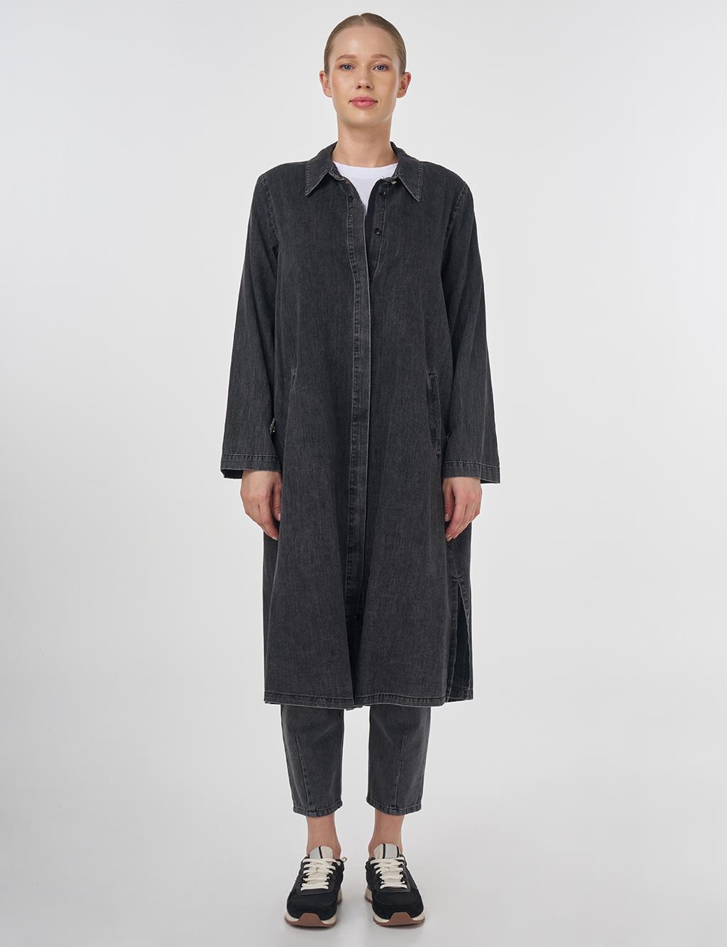 Long Cotton Tunic with Hidden Placket Anthracite 