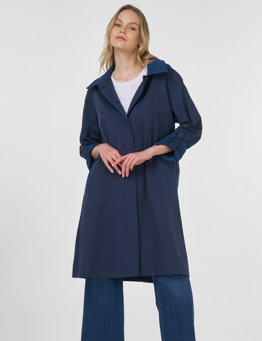 Hooded Shawl Collar Trench Coat Navy Blue
