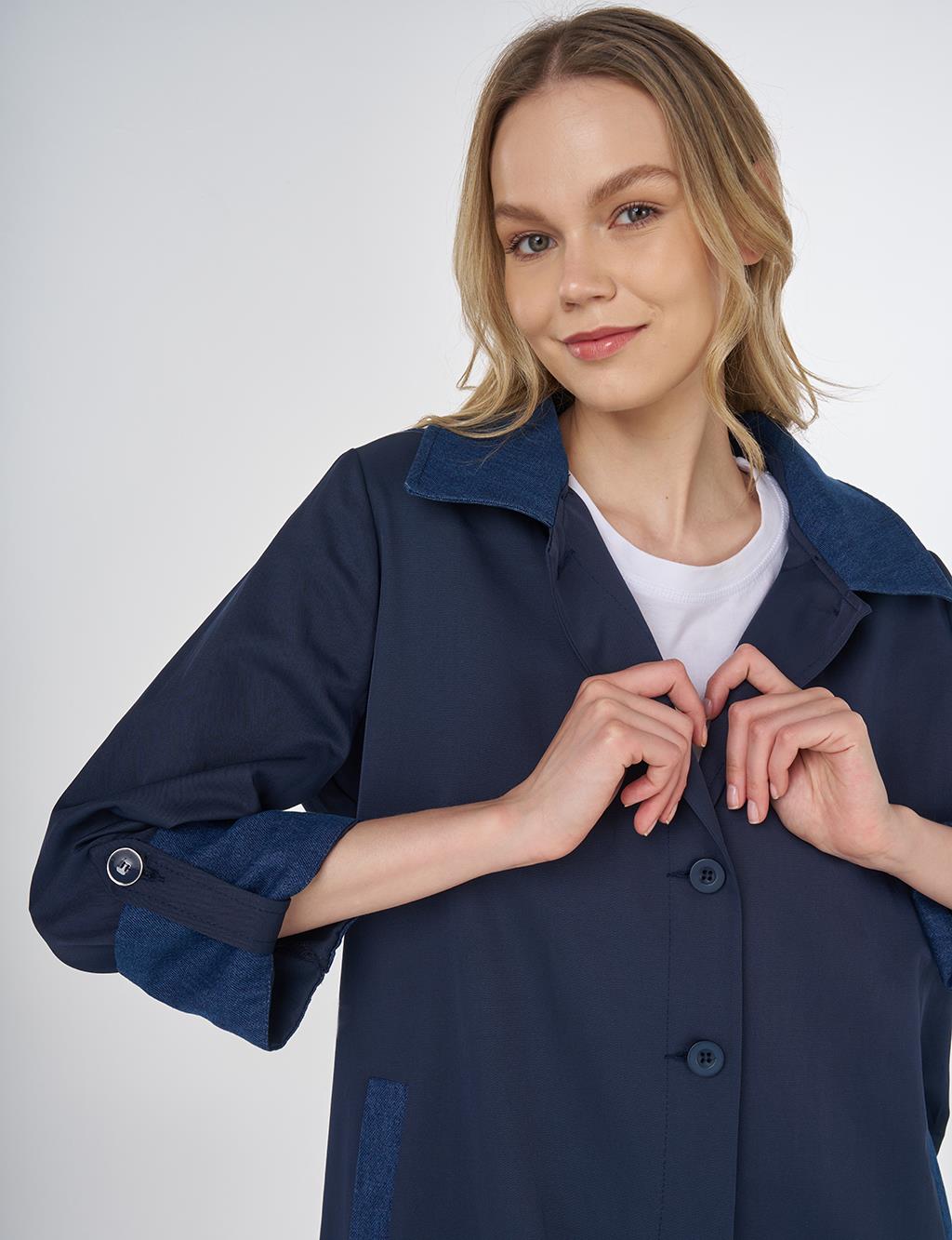 Hooded Shawl Collar Trench Coat Navy Blue