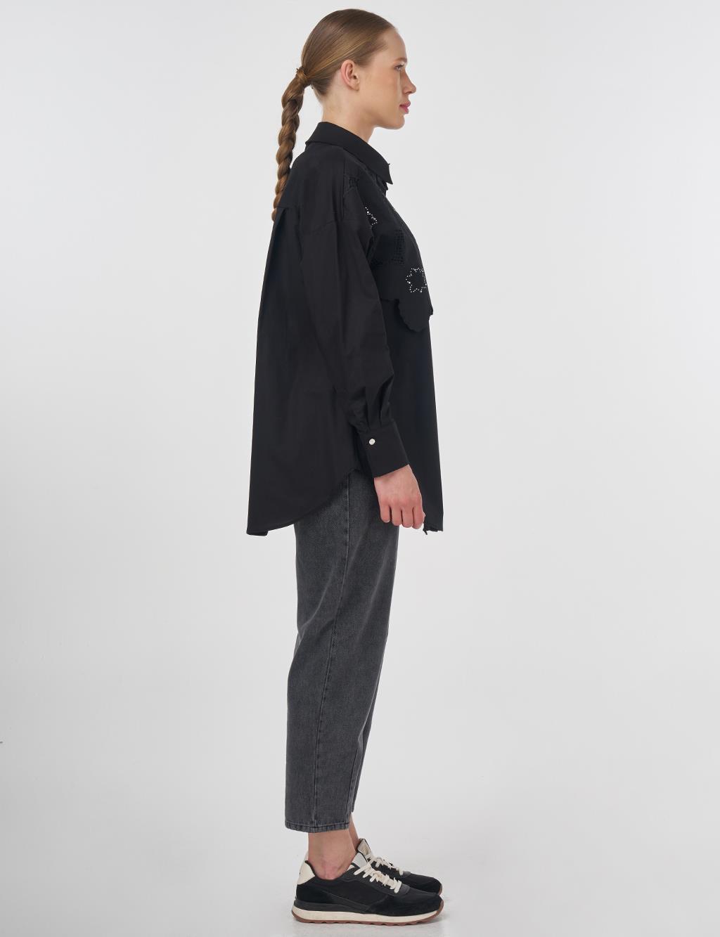 Embroidered Appliqué Cotton Tunic Black