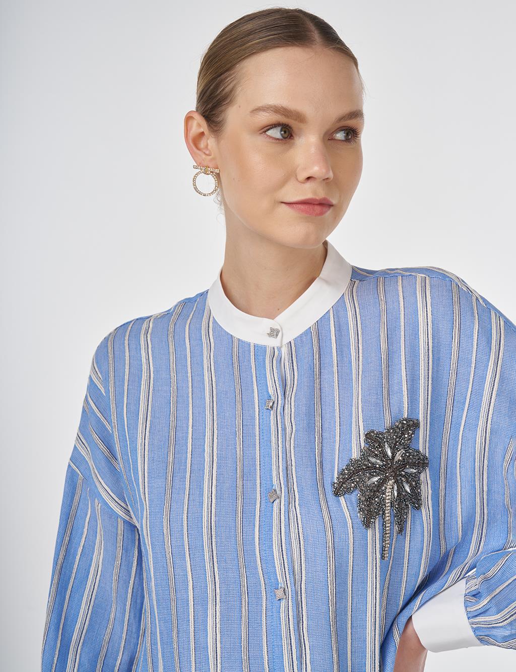 Mandarin Collar Embroidered Tunic Dusty Grey