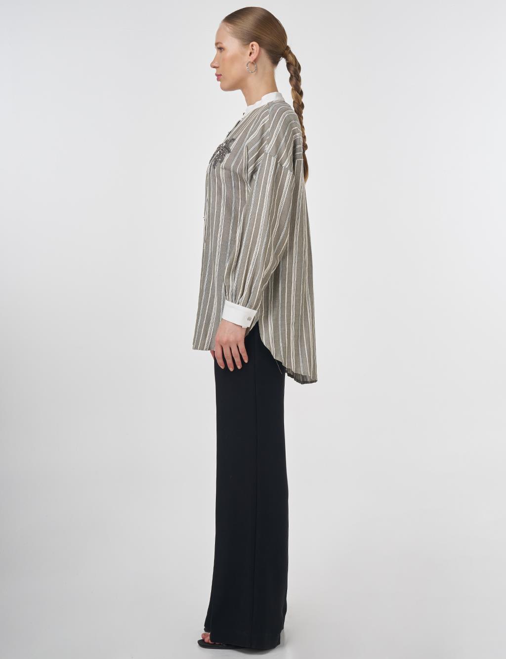 Mandarin Collar Embroidered Tunic Khaki
