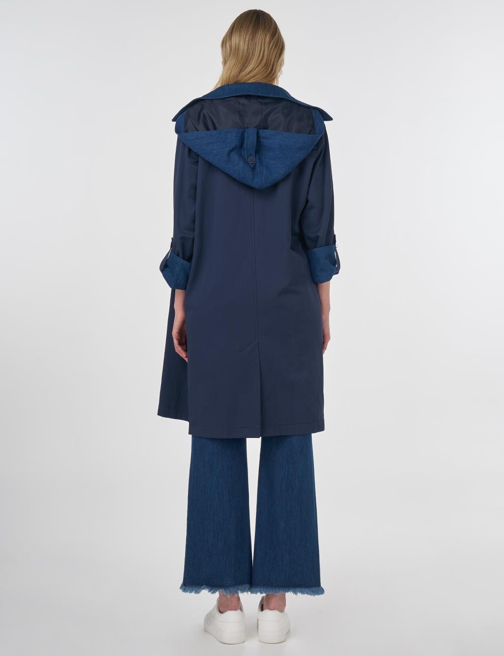 Hooded Shawl Collar Trench Coat Navy Blue