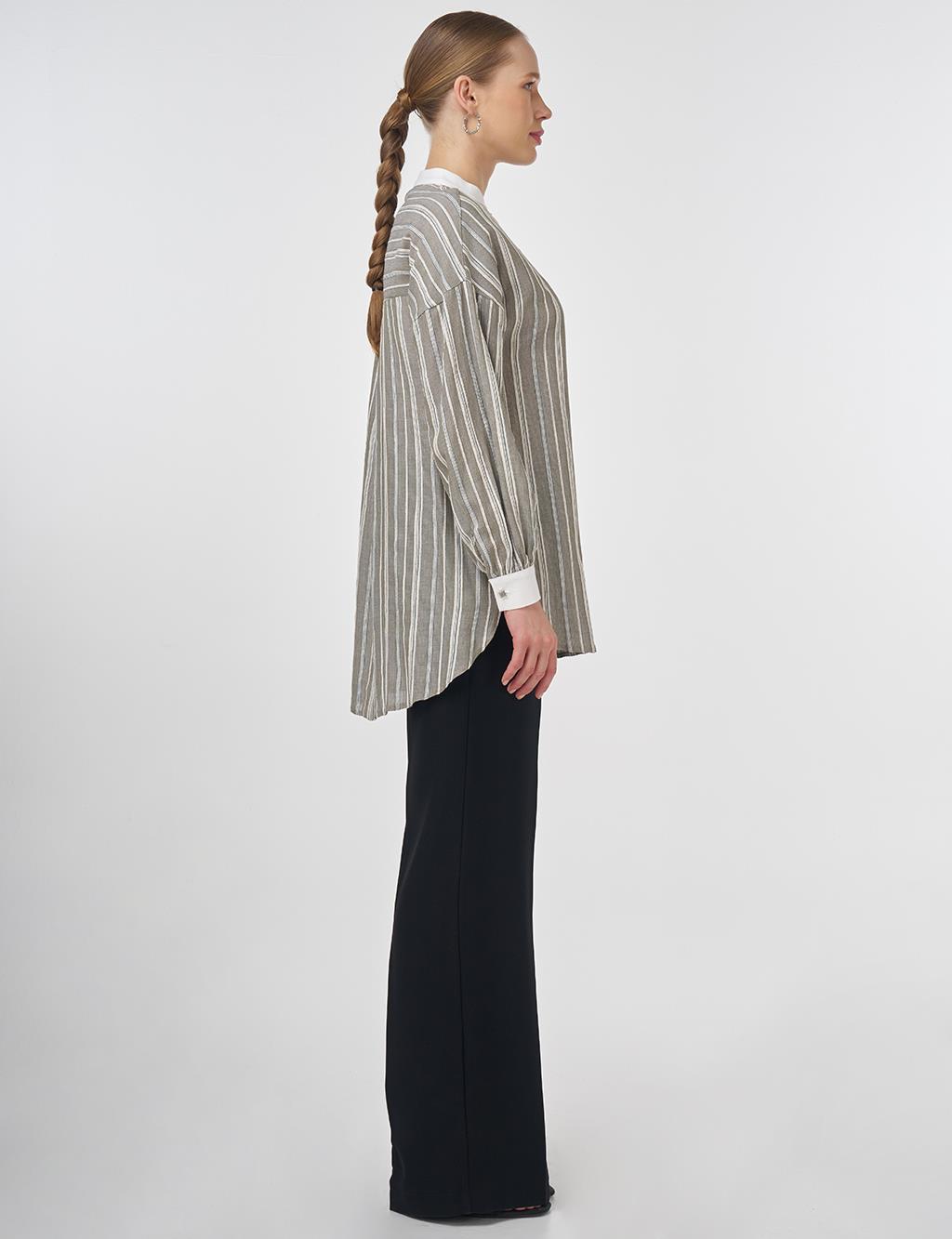 Mandarin Collar Embroidered Tunic Khaki