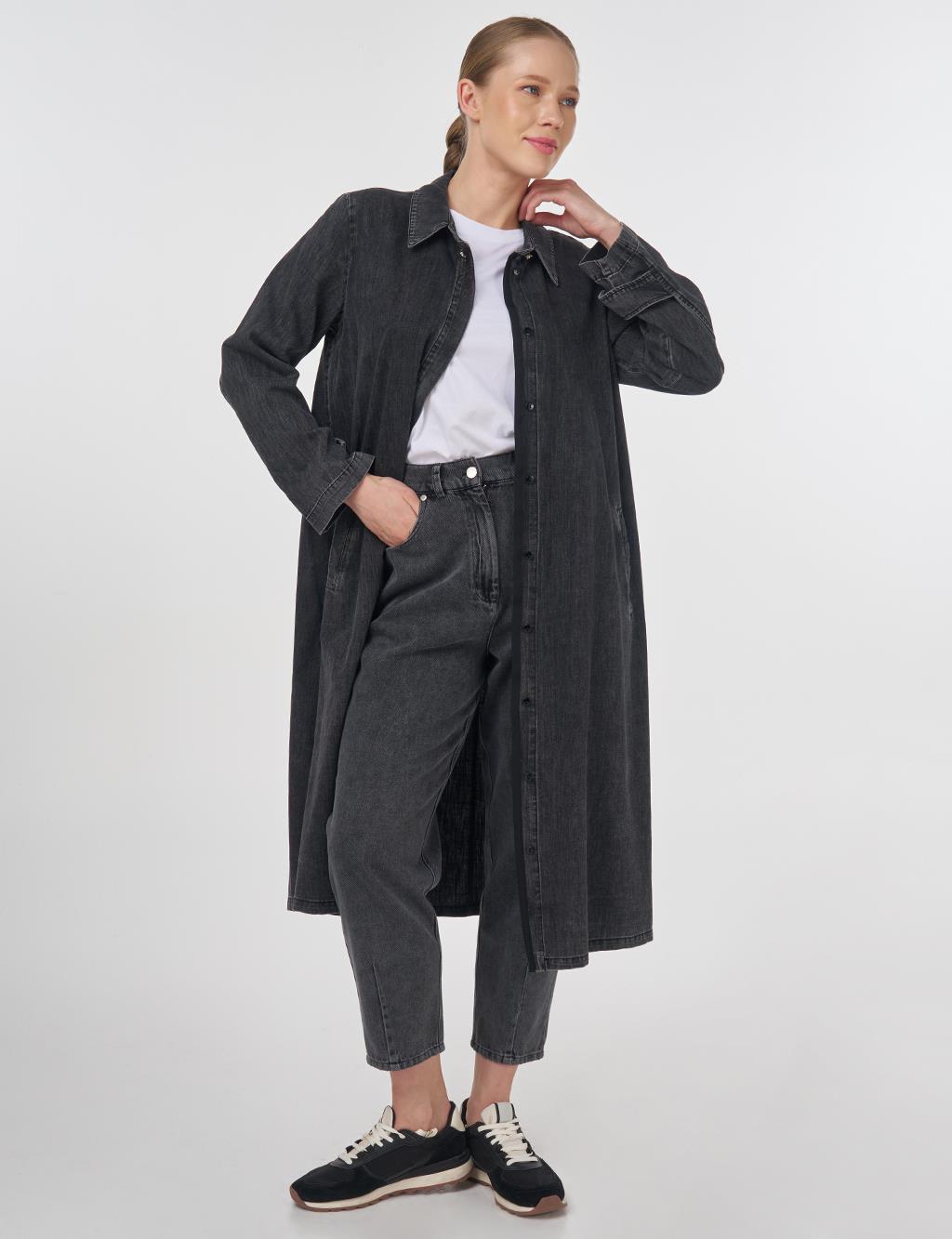 Long Cotton Tunic with Hidden Placket Anthracite 